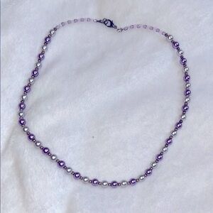 Elegant Faux Pearl Purple and Silver Beaded Necklace